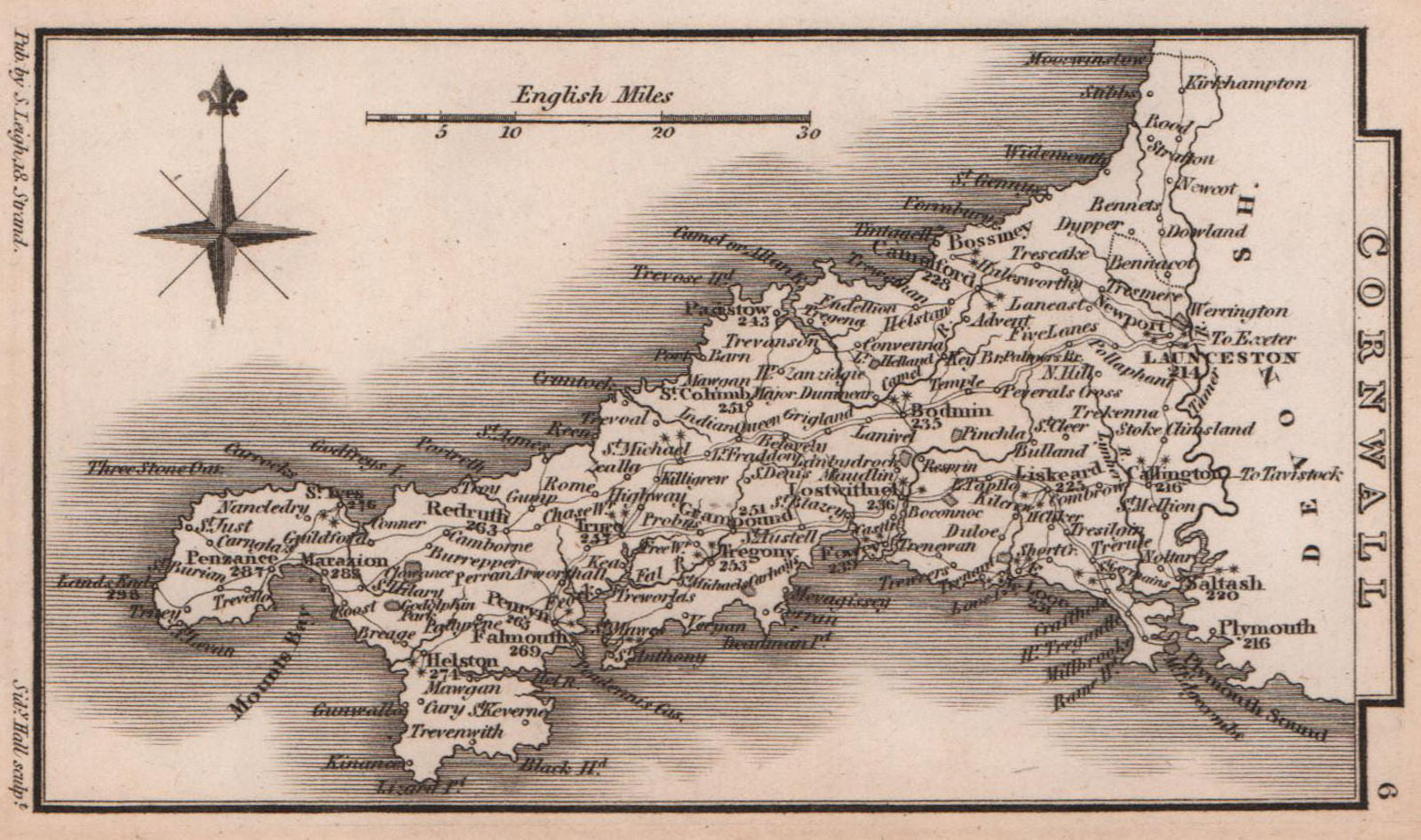 Cornwall miniature county map by Samuel Leigh / Sidney Hall c1820 old